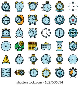 Fijación de iconos de Stopwatch. Conjunto de esquemas de iconos del vector de cronómetro color de línea delgada plano sobre blanco