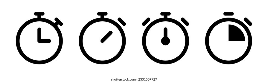 Stopwatch icons set. Timer symbol. Outline stopwatch icon. Alarm pictogram. Transparent stopwatch in line. Timer icon in vector