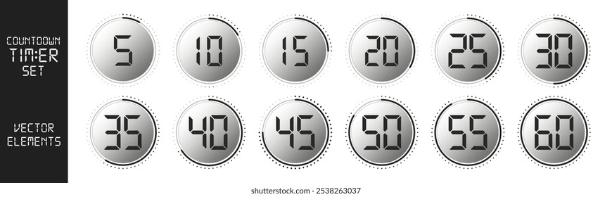 Stopwatch icons set, timer symbol. Countdown from 0 to 60 seconds. Set of timer vector icons on transparent background.