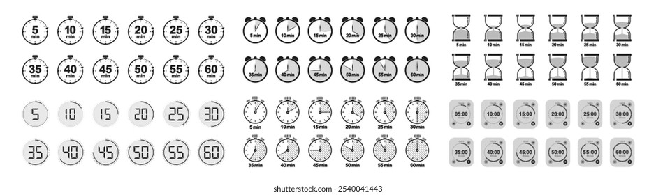 Conjunto de iconos de cronómetro, símbolo de temporizador. Cuenta atrás de 0 a 60 segundos. Conjunto de iconos vectoriales de temporizador sobre fondo transparente.