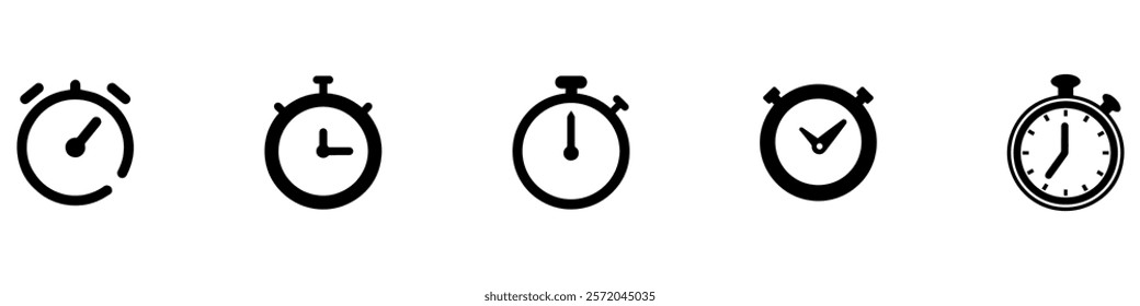 Stopwatch icons set. Timer symbol. Outline stopwatch icon. Alarm pictogram. Transparent stopwatch in line. Timer icon in vector. Vector Illustration. EPS 10