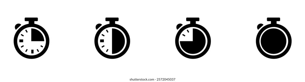 Stopwatch icons set. Timer symbol. Outline stopwatch icon. Alarm pictogram. Transparent stopwatch in line. Timer icon in vector. Vector Illustration. EPS 10