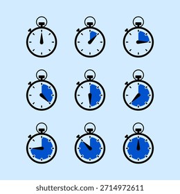 Ícones de relógio mostrando a ilustração de vetor de estágios de progresso de tempo. Ícone de contagem regressiva do temporizador definido.