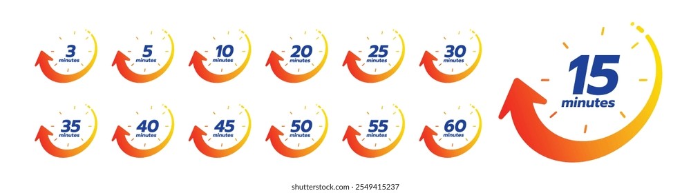 Stopwatch icons. Time counter with dial. Countdown timer showing minutes, for deadline, sport measurement and label cooking time. Flat vector icons set isolated on white background.