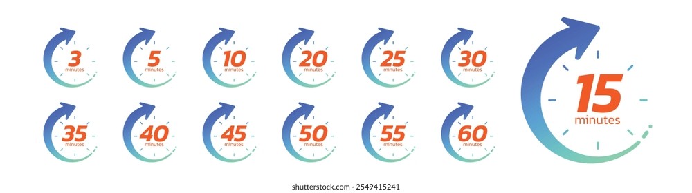 Stopwatch icons. Time counter with dial. Countdown timer showing minutes, for deadline, sport measurement and label cooking time. Flat vector icons set isolated on white background.