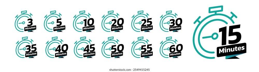 Stopwatch icons. Time counter with dial. Countdown timer showing minutes, for deadline, sport measurement and label cooking time. Flat vector icons set isolated on white background.