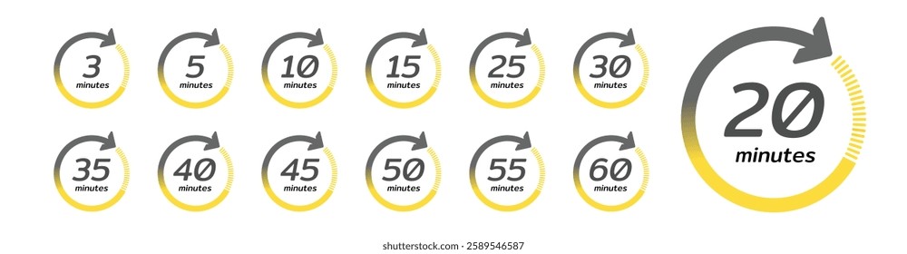 Stopwatch icons. Time counter with dial. Countdown timer showing minutes, for deadline, sport measurement and label cooking time. Flat vector icons set isolated on white background.