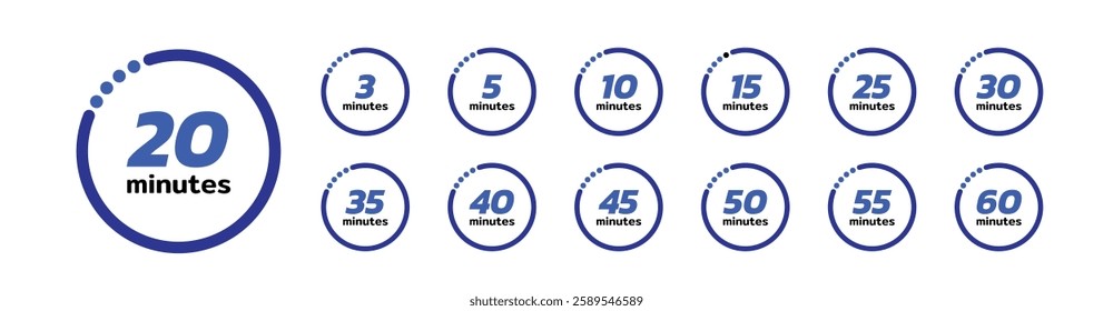 Stopwatch icons. Time counter with dial. Countdown timer showing minutes, for deadline, sport measurement and label cooking time. Flat vector icons set isolated on white background.