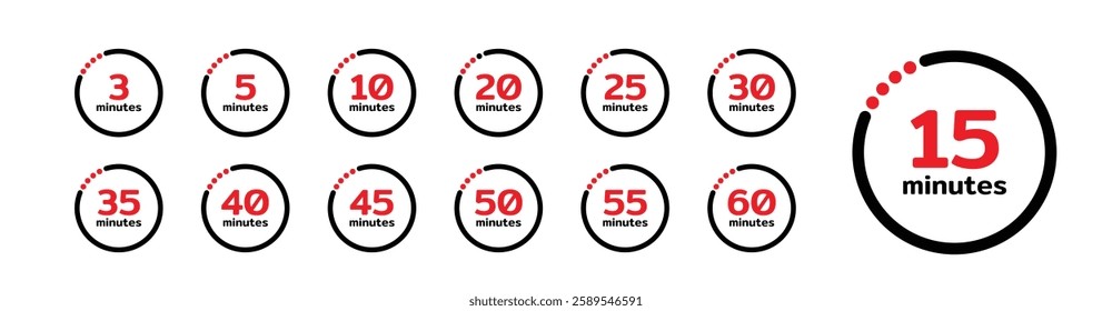 Stopwatch icons. Time counter with dial. Countdown timer showing minutes, for deadline, sport measurement and label cooking time. Flat vector icons set isolated on white background.