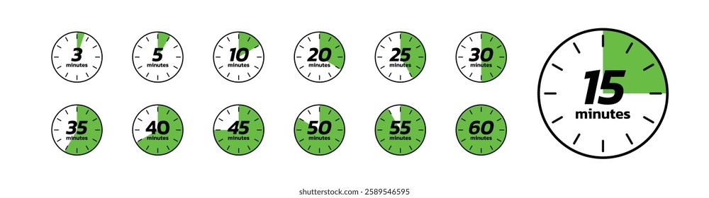 Stopwatch icons. Time counter with dial. Countdown timer showing minutes, for deadline, sport measurement and label cooking time. Flat vector icons set isolated on white background.