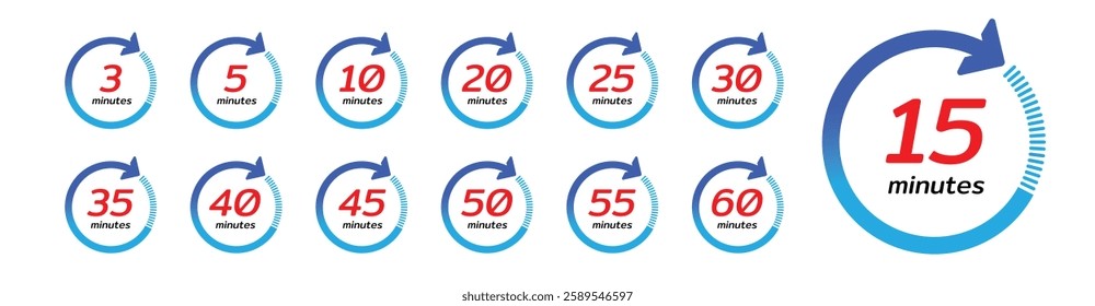 Stopwatch icons. Time counter with dial. Countdown timer showing minutes, for deadline, sport measurement and label cooking time. Flat vector icons set isolated on white background.