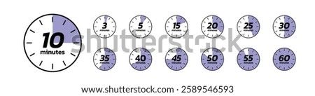 Stopwatch icons. Time counter with dial. Countdown timer showing minutes, for deadline, sport measurement and label cooking time. Flat vector icons set isolated on white background.