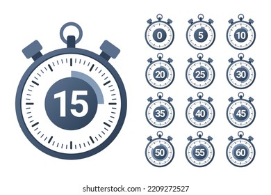 Hör auf, Symbole anzuschauen! Timer-Symbole gesetzt. Geschwindigkeit ​ ​ Messungen. Countdown von 0 auf 60 Sekunden. Stoppen Sie die Kollektion von Uhrensymbolen. Vektorgrafik