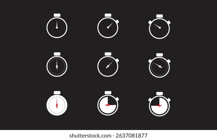 Stopwatch Icons Vector Design. This image showcases a sequence of stopwatch icons illustrating the progression of time through minimalistic and modern design.