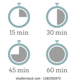 Stopwatch illustration with 15 30 45 and 60 minutes. Symbol of kitchen timer and sport equipment.