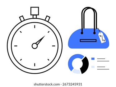 Cronômetro indicando tempo, bolsa azul com etiqueta de preço, gráfico de pizza com linhas de dados. Ideal para gerenciamento de tempo, análise de varejo, programação, planejamento de compras, eficiência empresarial, marketing