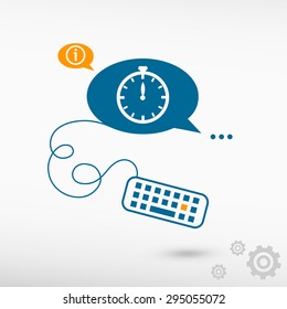 Stopwatch and keyboard on chat speech bubbles. Line icons for application and creative process.