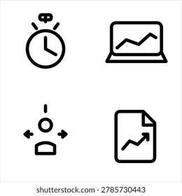 Stopwatch, laptop with graph, person with arrows, and document with arrow icon set.