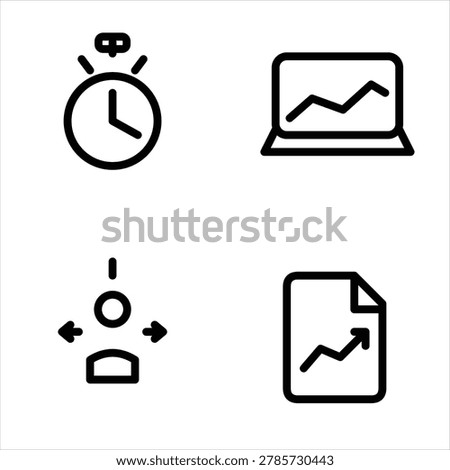 Stopwatch, laptop with graph, person with arrows, and document with arrow icon set.