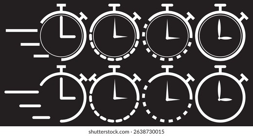 Stopwatch line icon set. quick start chronometer vector icon. timer counter White icon. countdown pictogram. fast rapid delivery sign for UI designs on Transparent Background. EPS 10.