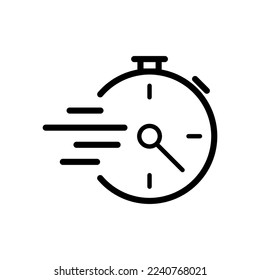 Icono de línea de Stopwatch. Velocidad, distancia, resultado, deportes, raza, raza, dial, flechas, botón, latido del corazón. Concepto de gadgets. Icono de línea negra del vector sobre fondo blanco