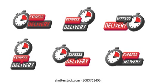 Stopwatch logo with label text, express fast delivery tag, 3d black and red graphic, set of graphic elements