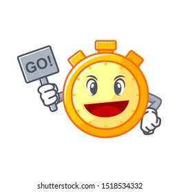 the stopwatch mascot cartoon holds a sign that says go