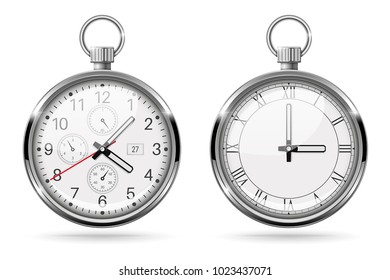 Stopwatch. Metal round clock with push button. Vector 3d illustration isolated on white background