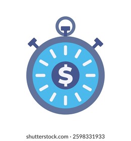 Stopwatch Money Flat design style, blue stopwatch with a dollar sign, representing financial timing, great for business, investment, and economic-related graphics.