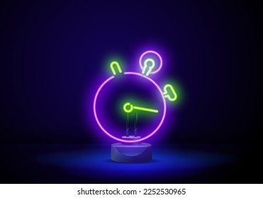 Stopwatch with neon illumination. Modern vector logo, banner, shield, picture by the time.