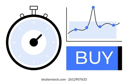 Stopwatch next to a performance chart with data points, and a BUY button. Ideal for finance, investment, e-commerce, time management, stock trading, business decisions, and marketing strategies. Line