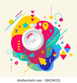 Stopwatch on abstract colorful spotted background with different elements. Flat design.