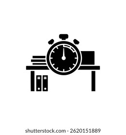 Stopwatch on Table with Papers Minimal Black Filled Icon