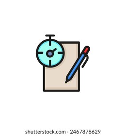 Stopwatch with pen and piece of paper line icon. Note, pencil, stop watch. Timing concept. Can be used for topics like education, test, exam
