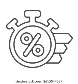 Stopwatch with percent thin line icon, black friday concept. Vector graphics. Clock timer for discount time, shopping sign on white background, outline style icon for mobile or web design