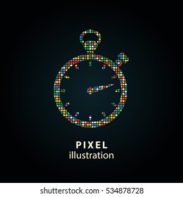 Stopwatch - pixel icon. Vector Illustration. Design logo element. Isolated on black background. It is easy to change to any color.