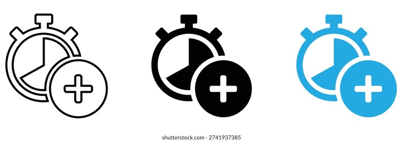 Stopwatch with plus sign icon vector. Symbol for add time, extra session duration, fitness training timer, and productivity deadline extension. Vector Illustration.