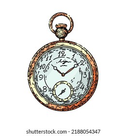 Stoppuhr Tasche Hand gezeichnet Vektorgrafik. Retrozeit, antikes Zifferblatt, römisches Metallobjekt stoppen Taschenskizze. einzelne Farbgrafik