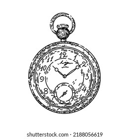 stopwatch pocket hand drawn vector. retro time, ancient dial, roman metal object stopwatch pocket sketch. isolated black illustration