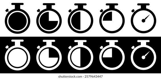 Stopwatch Progress Icons. Vector illustration isolated on Black and White background.