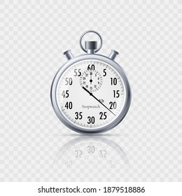 Stopwatch in realistic style with reflection isolated on transparent background. Classic metal stopwatch. Vector