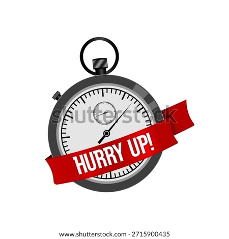 Stopwatch with red ribbon and hurry up text, vector illustration