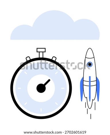 Stopwatch rocket cloud. Ideal for business acceleration, time management, deadline achievement, technology advancements, productivity, startups, innovation metaphors. Line metaphor