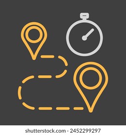 Stopwatch and route destination vector on dark background icon. Graph symbol for fitness and weight loss web site and apps design, logo, app, UI