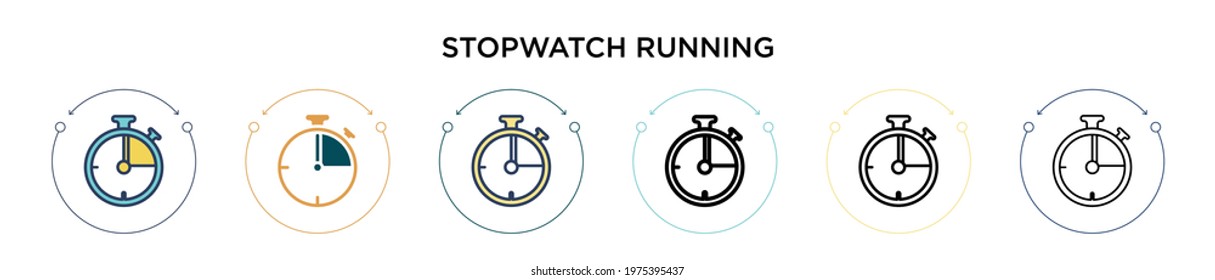 Stopwatch running icon in filled, thin line, outline and stroke style. Vector illustration of two colored and black stopwatch running vector icons designs can be used for mobile, ui, web