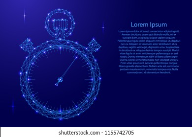 Stopwatch schematic picture from futuristic polygonal blue lines and glowing stars for banner, poster, greeting card. Vector illustration.