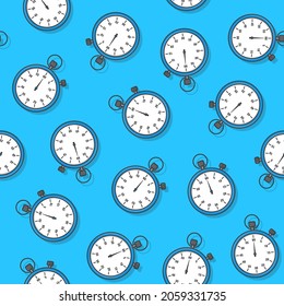 Stopwatch Seamless Pattern On A Blue Background. Timer Icon Theme Vector Illustration