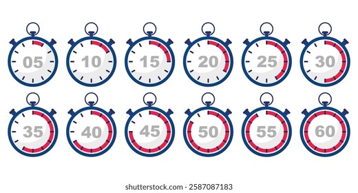 Stopwatch set. Countdown timers. Time measurement. Vector collection.