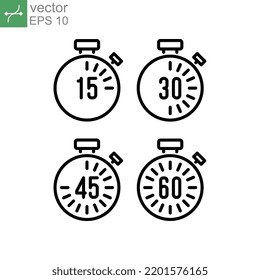 stopwatch set for every 15 minutes icon. countdown analog timer deadline Set. Clock dial with showing minute in four style can be use for app. vector illustration. Design on white background. EPS 10