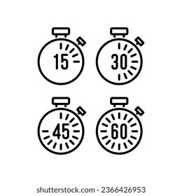 stopwatch set for every 15 minutes icon. countdown analog timer deadline Set. Clock dial with showing minute in four style can be use for app. vector illustration. Design on white background. EPS 10